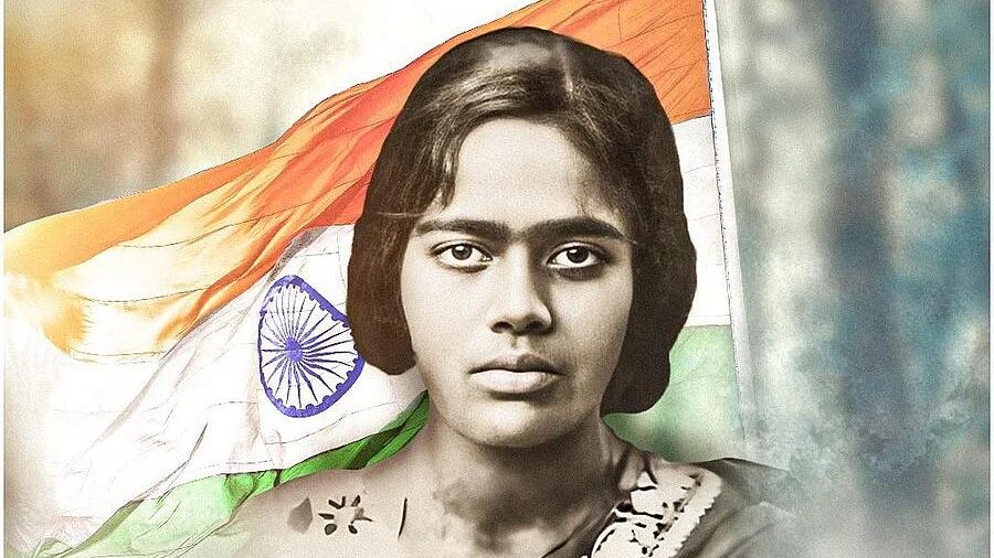A modern colourised rendering of the same archival portrait, set against a photograph of the flag of India.