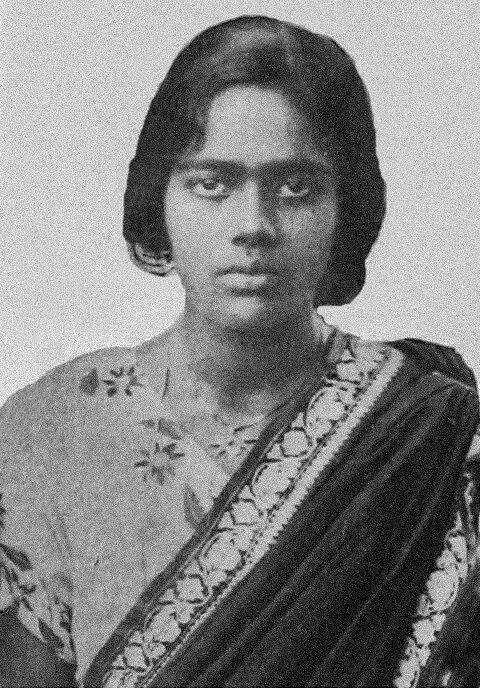 Archival black and white studio portrait of Pritilata Waddedar as a young woman, wearing a patterned sari, looking directly at the camera.